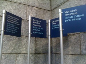 SkyTrain wait times signs for the Olympics
